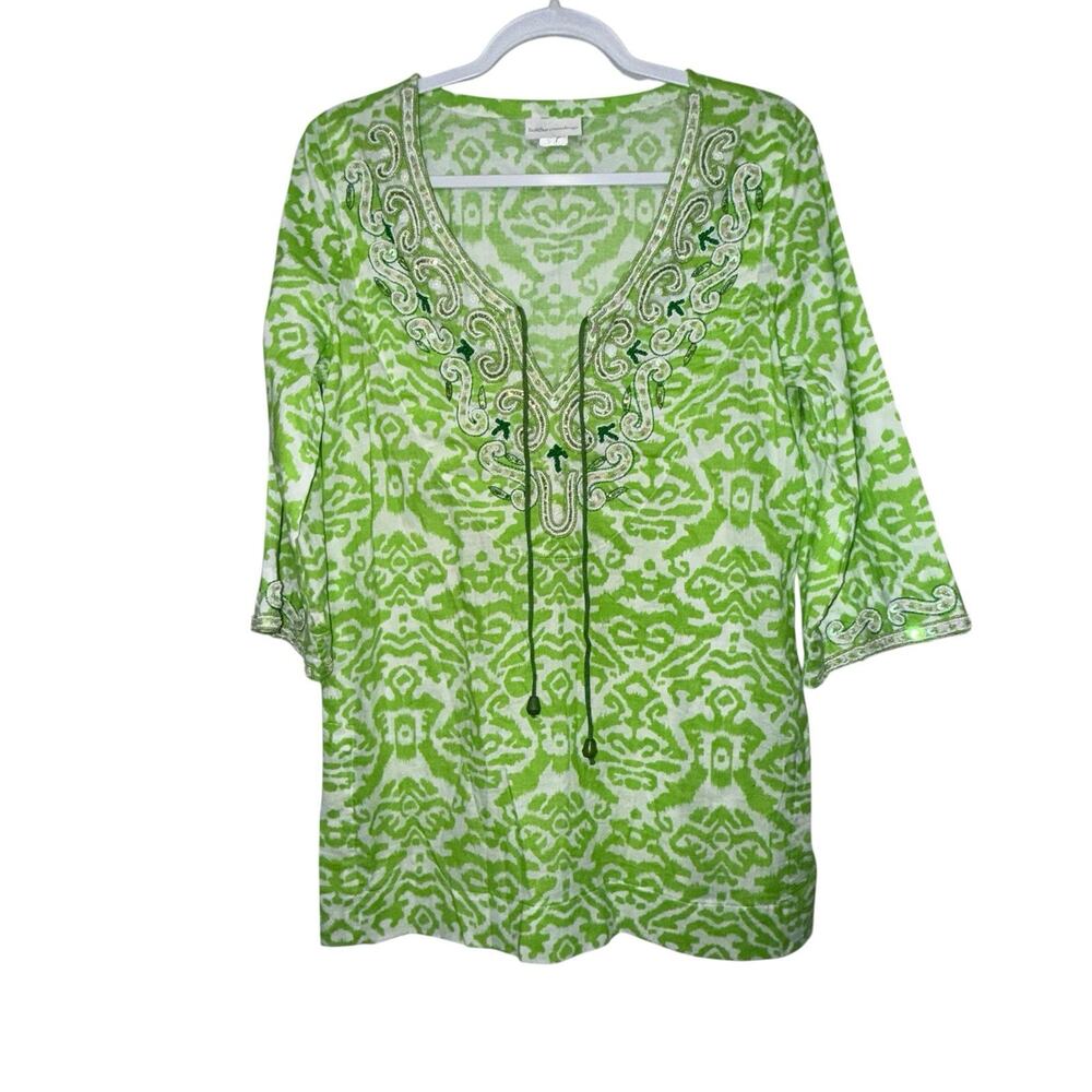 Soft Surroundings Green White Printed Beaded Cotton Kurta Popover Tunic Top SM